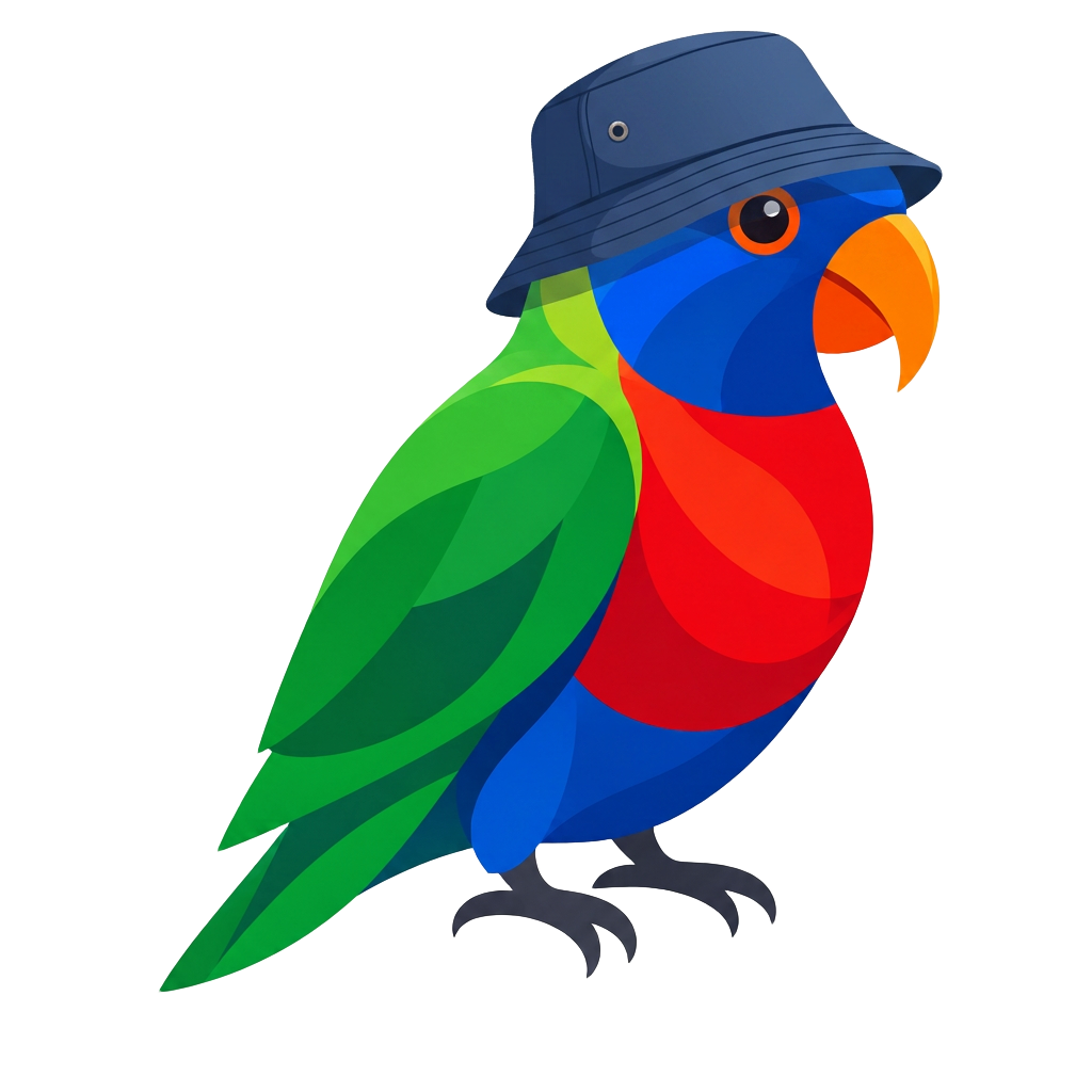 Raving Lorikeet logo — a cartoon lorikeet wearing a bucket hat